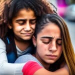 Dos personas abrazándose mientras una llora y la otra la consuela con amor y compasión.