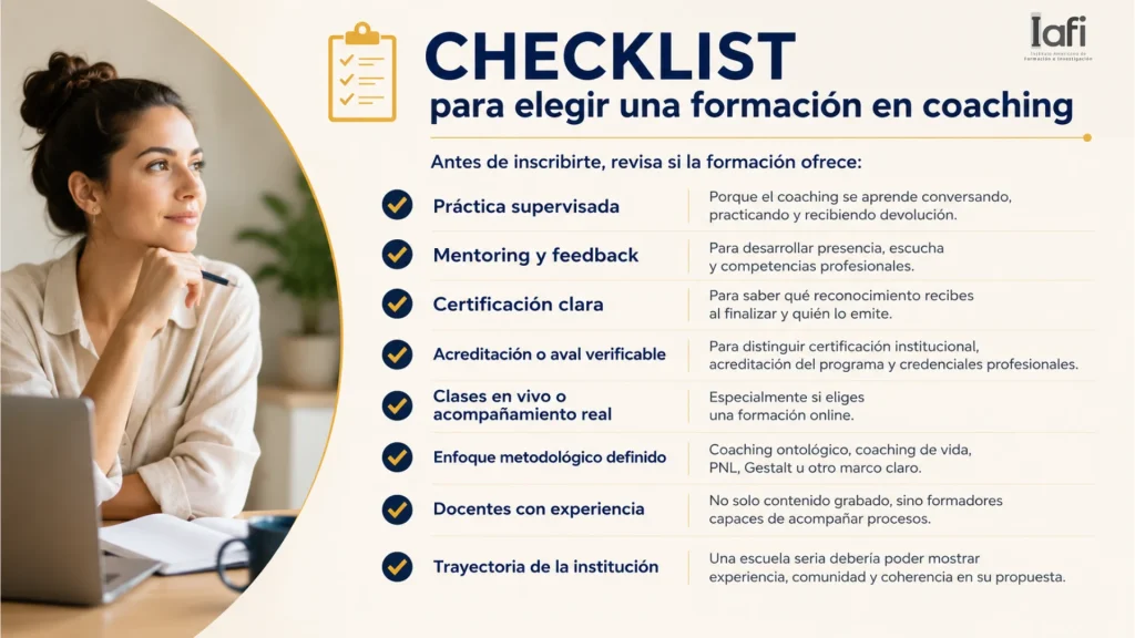 Checklist para elegir dónde estudiar coaching en Argentina con práctica supervisada, mentoring, certificación, metodología y trayectoria.